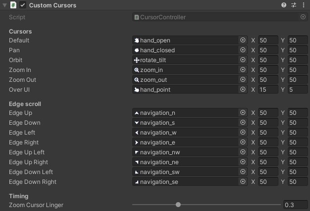 Custom Cursors component in the Inspector